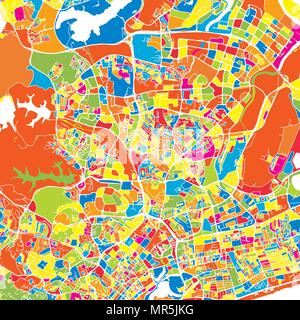 Singapur, Singapur, bunte Vektorkarte. Weiße Straßen, Schienen und Wasser. Helle farbige Wahrzeichen formen. Kunst Muster drucken. Stock Vektor