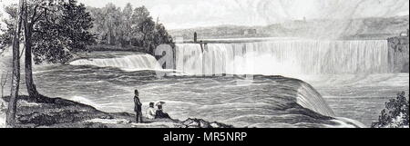 Gravur mit einer Ansicht von Niagara Falls, der gemeinsame Name für drei Wasserfälle, die die internationale Grenze zwischen Kanada und den Vereinigten Staaten straddle. Vom 19. Jahrhundert Stockfoto