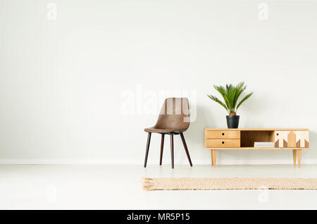 Werk in schwarzen Topf auf holzschrank Neben braun Stuhl gegen leere Wand in einfachen Wohnzimmer mit Teppich Stockfoto