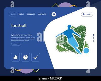 Die Qualität einer Seite Fußball Website Template Vector EPS, moderne Web Design mit flachem UI-Elemente und Landschaft Illustration, ideal für Landing Page Stock Vektor