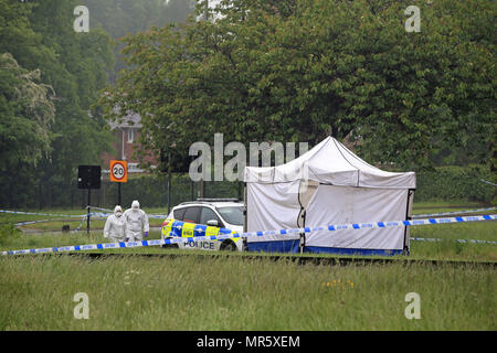 Forensische Offiziere an der Szene in Lowedges Straße in Sheffield, South Yorkshire, wo ein Mord Untersuchung eingeleitet, nachdem ein 15-jähriger Junge am Donnerstag starb, nach einem Stechen. Stockfoto