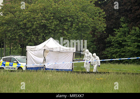 Forensische Offiziere an der Szene in Lowedges Straße in Sheffield, South Yorkshire, wo ein Mord Untersuchung eingeleitet, nachdem ein 15-jähriger Junge am Donnerstag starb, nach einem Stechen. Stockfoto