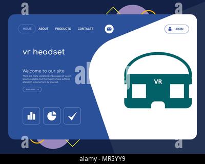 Die Qualität einer Seite VR-Headset Website Template Vector EPS, moderne Web Design mit flachem UI-Elemente und Landschaft Illustration, ideal für Landing Page Stock Vektor