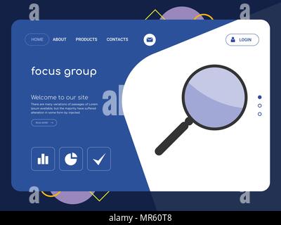 Die Qualität einer Seite focus group Website Template Vector EPS, moderne Web Design mit flachem UI-Elemente und Landschaft Illustration, ideal für Landing Page Stock Vektor