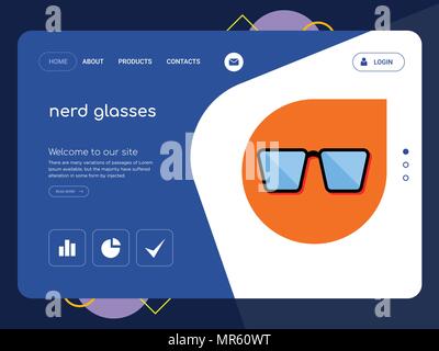 Die Qualität einer Seite nerd Brille Website Template Vector EPS, moderne Web Design mit flachem UI-Elemente und Landschaft Illustration, ideal für Landing Page Stock Vektor