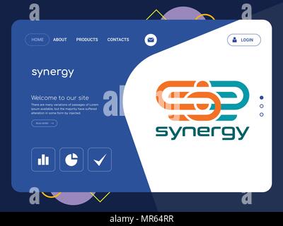 Die Qualität einer Seite synergy Website Template Vector EPS, moderne Web Design mit flachem UI-Elemente und Landschaft Illustration, ideal für Landing Page Stock Vektor