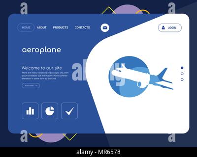 Die Qualität einer Seite Flugzeug Website Template Vector EPS, moderne Web Design mit flachem UI-Elemente und Landschaft Illustration, ideal für Landing Page Stock Vektor