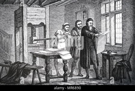 Gravur, Johannes Gutenberg Prüfung der ersten Seite der Bibel wie es kam aus der Presse. Johannes Gutenberg war ein Deutscher Hufschmied, Goldschmied, Drucker und Verleger, Drucken in Europa mit der Druckerpresse eingeführt. Vom 19. Jahrhundert Stockfoto