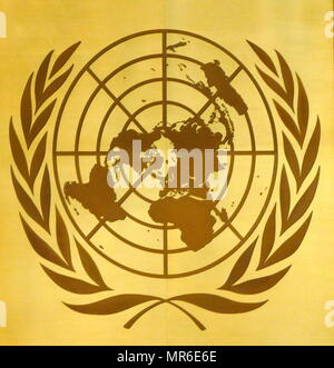 UN-Emblem im Hauptquartier der Vereinten Nationen in Genf, Schweiz Stockfoto