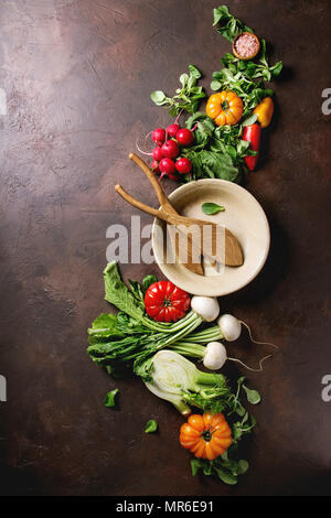 Vielzahl von nassen Rohe frische organische bunte Gemüse Tomaten, Radieschen mit Blättern, Fenchel, Paprika, Salz, Keramik Schüssel und Löffel für Salat über Stockfoto