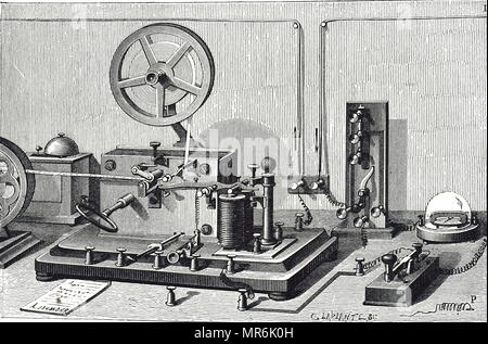 Kupferstich mit der Darstellung eines Morse-Digney printing telegraph Ausrüstung, zeigt das empfangende Gerät, Links, und Übermittlung der Schlüssel, rechts vorne. Vom 19. Jahrhundert Stockfoto