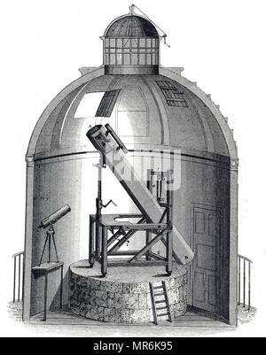 Kupferstich mit der Darstellung eines 7-ft Brennweite Teleskop gebaut von William Herschel. William Herschel (1738-1822) ein Deutscher - geborener britischer Astronom und Komponist. Vom 19. Jahrhundert Stockfoto