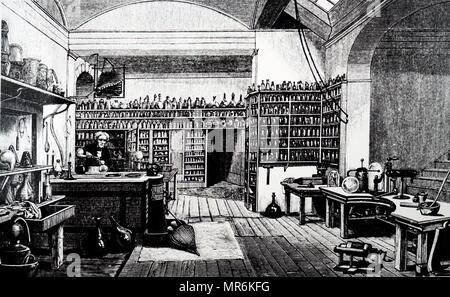Gravur Darstellung von Michael Faraday in seinem Labor an der Königlichen Institut. Michael Faraday (1791-1867) ein englischer Wissenschaftler. Vom 19. Jahrhundert Stockfoto