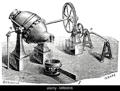 Kupferstich mit der Darstellung der bessemer Prozess für die Massenproduktion von Stahl von flüssiges Roheisen vor der Entwicklung des offenen Kamin Ofen. Nach Henry Bessemer (1813-1898) ein englischer Erfinder benannt. Vom 19. Jahrhundert Stockfoto