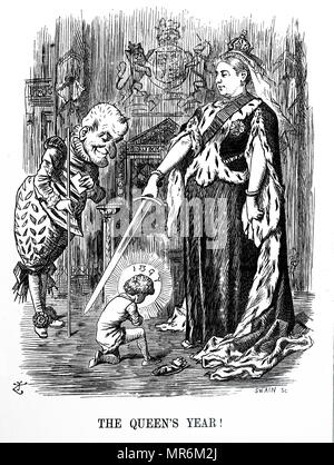 Cartoon kommentierte die Queen Victoria Diamond Jubilee, 1897. Herr Körner präsentiert das neue Jahr auf die Königin, und widmen Sie Ihr. Illustriert von John Tenniel (1820-1914) ein englischer Illustrator Grafik Humorist und politischen Karikaturisten. Vom 19. Jahrhundert Stockfoto