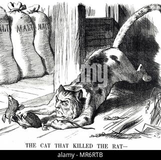 Cartoon kommentierte die Abschaffung von Malz Steuer im Jahr 1880. William Ewart Gladstone ist dargestellt, wie eine Katze, die Ratte (das Finanzamt) getötet. William Ewart Gladstone (1809-1898) ein britischer Staatsmann der Liberalen Partei, der als Premierminister von Großbritannien serviert. Illustriert von John Tenniel (1820-1914) ein englischer Illustrator Grafik Humorist und politischen Karikaturisten. Vom 19. Jahrhundert Stockfoto