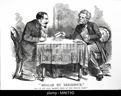 Cartoon, Henry John Temple, 3rd Viscount Palmerston und Napoleon III spielen "Beggar my Neighbour" für den Befehl der Meere. Großbritanniens 'Warrior' nicht - spielte Frankreich der "gloire". Henry John Temple, 3rd Viscount Palmerston (1784-1865) ein britischer Staatsmann, zweimal Premierminister von Großbritannien serviert. Louis-Napoléon Bonaparte (1808-1873) der erste Staatschef von Frankreich den Titel des Präsidenten, des Ersten direkt gewählten zu halten. Vom 19. Jahrhundert Stockfoto