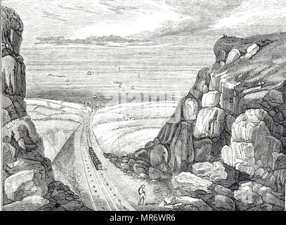Gravur mit einer Ansicht über Seaham Hafen, Durham, zeigt das Ende der schrägen Ebene Eisenbahn, die Kohlen zu den wartenden Boote durchgeführt. Das Gewicht des vollen Wagen war ausreichend, um die leere Wagen, die auf der Zeche zu zeichnen. Vom 19. Jahrhundert Stockfoto