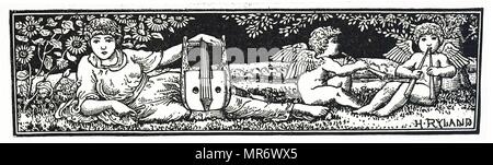 Oberteil mit Engelchen spielen Instrumente. Mit Ill. von Henry Ryland (1856-1924), Maler, Illustrator, Maler und Designer. Vom 19. Jahrhundert Stockfoto