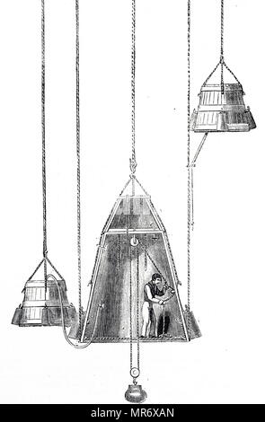 Gravur Darstellung Karls Spalding Tauchen Bell. Charles Spalding (1738-1783) eine schottische Konditor und laienhaften Ingenieur, der die Verbesserung der Taucherglocke. Vom 19. Jahrhundert Stockfoto