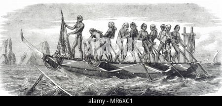 Kupferstich mit der Darstellung eines japanischen Walfang Boot. Vom 19. Jahrhundert Stockfoto