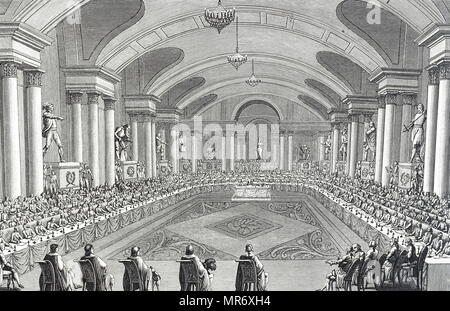 Kupferstich mit der Darstellung der ersten Sitzung des Nationalen Instituts am 15. Tag des Germinal 1796. Vom 18. Jahrhundert Stockfoto