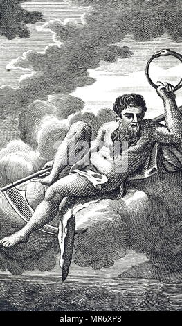 Kupferstich mit der Darstellung der römischen Gott Saturn (griechischen Kronos), der fraß alle seine Kinder retten Neptun, Pluto und Jupiter, die ihn abgesetzt. Er hält eine Sense, die Zeit, der Schnitter, und seine Rolle als Gott der Saat und Ernte. In seiner linken Hand ist eine Ourobos oder Schwanz Essen Schlange als Symbol für den ewigen Kreislauf von Zerstörung und Erholung. Vom 18. Jahrhundert Stockfoto