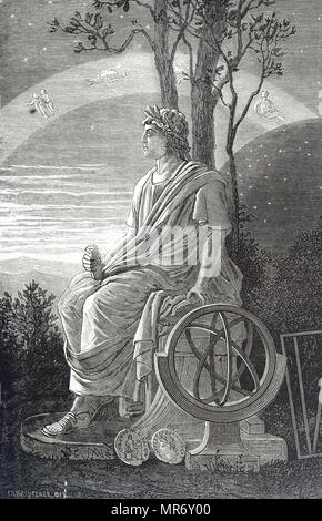 Gravur, eine Statue von Hipparchus basiert auf einer Medaille an seinem Geburtsort Struck, Nizäa (heutige Türkei). Hipparchus von Nizäa (190 v. Chr.-120 v. Chr.), einen griechischen Astronomen, Geograph und Mathematiker. Vom 19. Jahrhundert Stockfoto