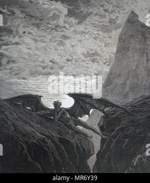 Illustrationen von Gustave Doré für die Ausgabe 1866 von John Milton's Paradise Lost - Satan ruht auf dem Berg. Gustave Doré (1832-1883), ein französischer Künstler, Grafiker, Illustrator, Comic artist, Karikaturist und Bildhauer. John Milton (1608-1674) ein englischer Dichter, Polemiker, Literaten und Beamten für den Commonwealth von England unter Oliver Cromwell. Vom 19. Jahrhundert Stockfoto