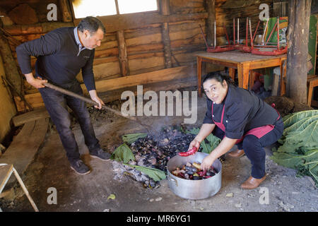 Ancud, Chiloé, Chile: Vorbereitung eines traditionellen Chiloé curanto, in denen Fleisch, Kartoffeln und Schalentieren in den Boden über hot rocks gekocht sind, abgedeckt Stockfoto
