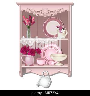 Küche Regal mit Geschirr und Blumen. Vector Illustration. Stock Vektor