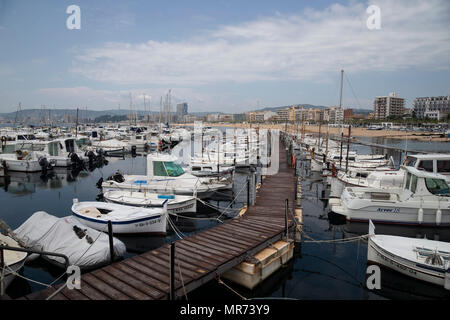 Zahlreiche Fischerboote und Sportboote im Hafen von Palamos an der Costa Brava in Spanien Stockfoto