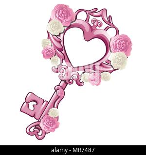 Schöne vintage Schlüssel in Form eines rosa Herz mit Mustern und Blumen auf weißem Hintergrund eingerichtet. Geschenk für den Valentinstag liebte s Tag oder Hochzeit. Cartoon Vektor-illustration close-up. Stock Vektor