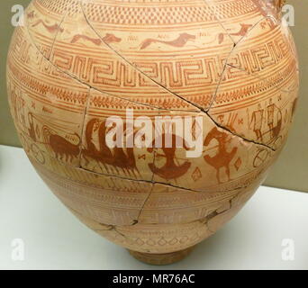 Große Amphoren (Storage Jar) mit einem Mäander Muster und Wagen und Rosse verschönert. Die griechischen Maler, Anavyssos zugeschrieben. In Athen, 735-720 BC. Stockfoto