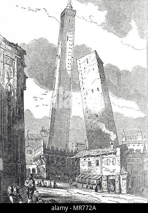 Kupferstich mit der Darstellung der Türme von Bologna, eine Gruppe von mittelalterlichen Strukturen in Bologna, Italien. Vom 19. Jahrhundert Stockfoto