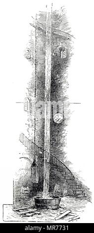 Kupferstich mit der Darstellung der Prozess der Herstellung führen Schüsse: Innenraum der shot Tower in der Nähe von Waterloo Bridge, London, die zeigen, wie die geschmolzenes Blei von der Spitze des Turms fallengelassen wurde, fiel in eine Wanne Wasser unten. Arsen wurde die Leitung der Schuss perfekt kugelförmige, und es härter als wenn führen allein verwendet wurde, zu machen. Vom 19. Jahrhundert Stockfoto