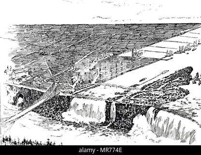 Gravur aus der Vogelperspektive, Niagara Falls, die Docks, und Fabriken, etc. ein Schema, einen Tunnel 10 m im Durchmesser von der Basis der Amerikanischen Fälle zu einem Punkt 1 oder 2 Meilen bis Fluss finishing 30 m unter der Oberfläche. Wasser aus dem Fluss in Tunnel würde genügend Leiter der Dynamos zu fahren, 1 Millionen hp erwartet. Vom 19. Jahrhundert Stockfoto