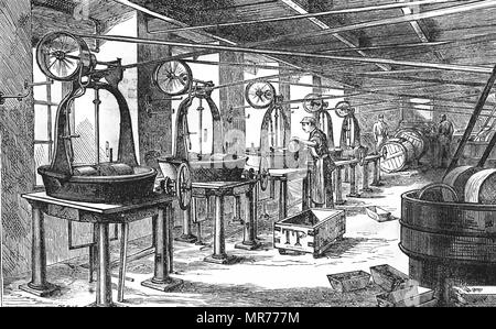 Kupferstich mit der Darstellung der pan Zimmer bei Fry's Kakao- und Schokoladenfabrik - Kakao, Zucker und Vanille miteinander kombiniert sind, Bristol. Vom 19. Jahrhundert Stockfoto
