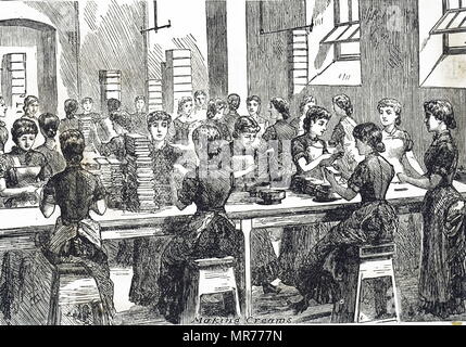 Kupferstich mit der Darstellung der Herstellung von Schokolade Cremes bei Fry's Kakao- und Schokoladenfabrik, Bristol. Vom 19. Jahrhundert Stockfoto