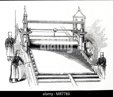 Kupferstich mit der Darstellung der Rollen von Blatt führen zu den gewünschten Dicke. Vom 19. Jahrhundert Stockfoto