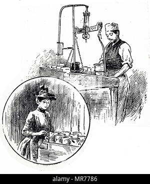 Kupferstich mit der Darstellung der Prozess der Herstellung führen Schüsse: Wiegen geschossen und setzen es in die Taschen. Vom 19. Jahrhundert Stockfoto