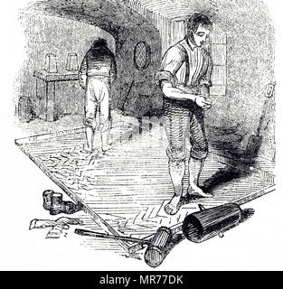 Kupferstich mit der Darstellung der treten Ton für Tiegel für das Gießen von Stahl: Sheffield. Ton aus Stourbridge wurde für vorgezogen werden, und um sie so glatt wie möglich, zwei Männer zu machen, trat es barfuss für fünf bis sechs Stunden. Vom 19. Jahrhundert Stockfoto