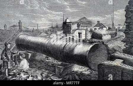 Kupferstich mit der Darstellung eines Mons Meg, eine mittelalterliche bombardieren, auf die Burg von Edinburgh, während der Regierungszeit von König Jakob II. von Schottland. Vom 19. Jahrhundert Stockfoto