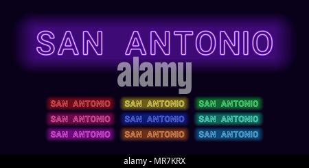 Neon Name von San Antonio Stadt. Vector Illustration von San Antonio Inschrift aus Neon auf dem dunklen Hintergrund skizziert, mit Hintergrundbeleuchtung. Einstellen Stock Vektor