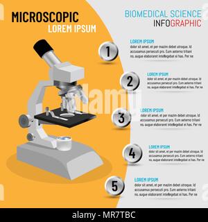 Das Konzept der biomedizinischen Wissenschaft mit 5 Schritt Prozesse der Mikroskop Prüfmethoden, Vector Illustration Stock Vektor