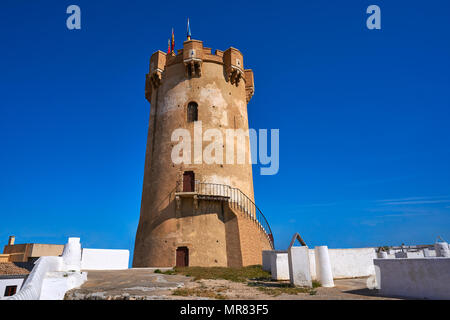 Paterna Turm in Valencia und Schornsteine der unterirdischen Höhle Häuser Stockfoto