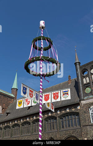 Maibaum vor dem Rathaus, Luebeck, Schleswig-Holstein, Deutschland Stockfoto