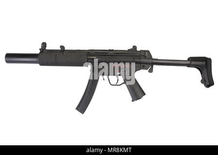 Maschinenpistole MP5 mit Schalldämpfer isoliert Stockfoto