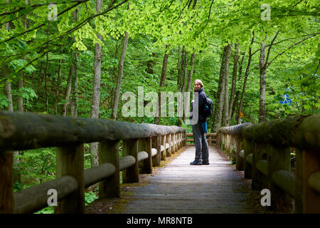 Kaukasische weibliche Backpacker zurück schauen in die Kamera lächeln und auf Durchgang von Wald umgeben. Stockfoto