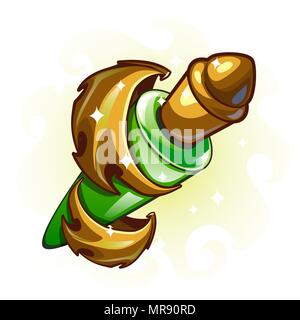 Grüne Flüssigkeit in einer Flasche mit Golden Dragon wings geschmückt. Vector Illustration. Stock Vektor